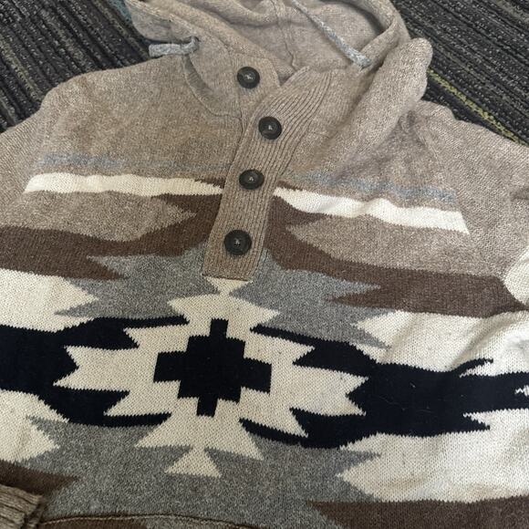 American Eagle Hooded Sweater Mens M Beige Aztec button neck southwest - Picture 2 of 7